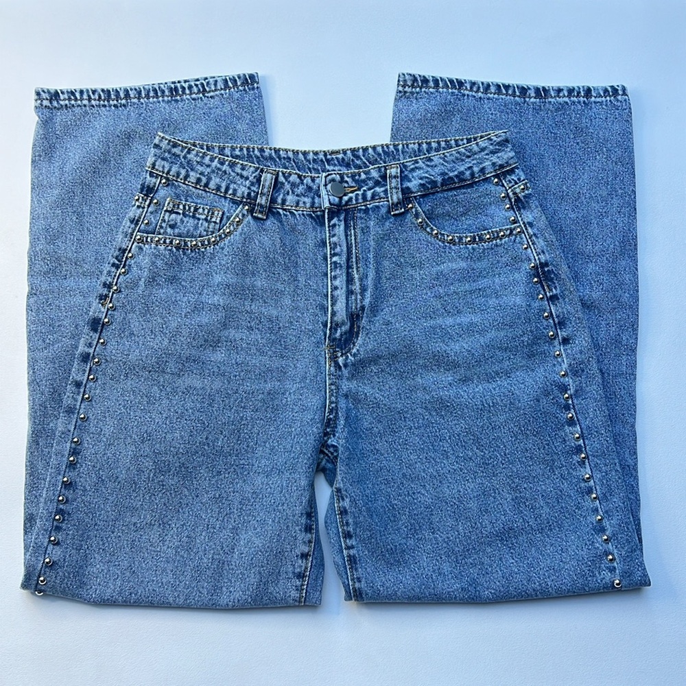 Studded women’s jeans‎ Wide Leg edgy moto statement metallic bold festival - Picture 7 of 13
